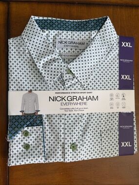 Nick Graham Everywhere Men's White & Green Performance Stretch Sport Shirt - XXL